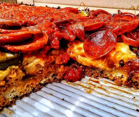 Detroit H-Town Hot Honey: Cup n Curl Pepperoni, Jalapeños, Brick Cheese, Sauce & Spicy Hot Honey. $27.00