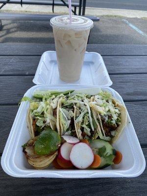 3 Tacos, asada, large horchata.