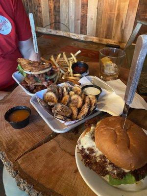 Smash burger, pickle chips, BLT and fries.