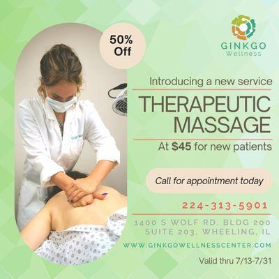 Limited time offer: Get your first therapeutic massage 50% off!