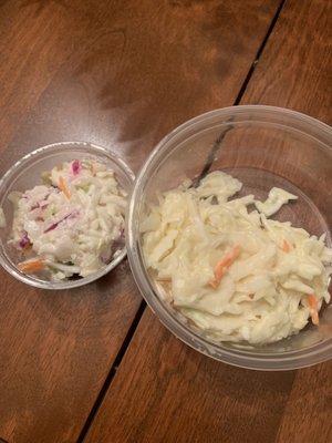 On the left coleslaw from hog Haven for $1.50 on the right from a grocery store for $.75