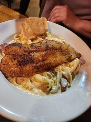 Blackened catfish fettuccine corn macque choux