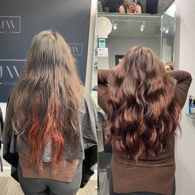 We removed her old extensions and added two rows of hand tied hair extensions and did some custom coloring.