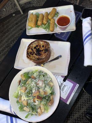 Caesar salad, Baked French Onion Soup, Mott Street Fresh Mozzarella