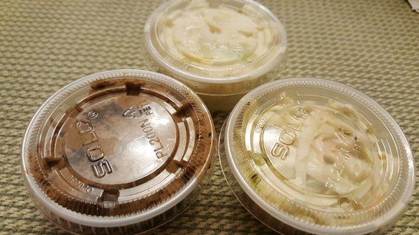 Clockwise coleslaw, potato salad (50 cents) and chopped liver ($3), pickles not photographed (10/10/21)