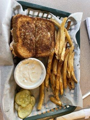 Tuna melt with fries.  Gus's tzatziki is the bomb-diggity.  Yes, I still say that.