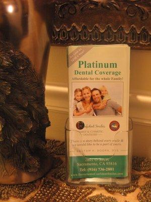 No Insurance, No Problem! We offer a in office Member Ship. Give us a call today for more Information on our, Platinum Dental Coverage.