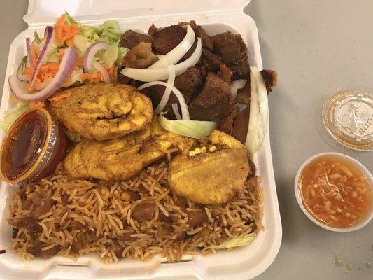 Griot (Fried Pork) Platter  $11.00 Brothers Kafé Kreyol hands down the best Haitian restaurant in the area.