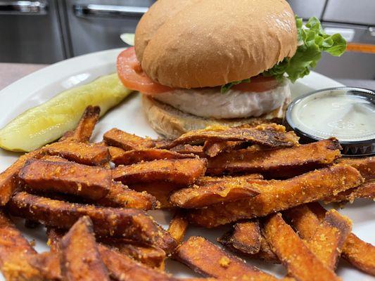 Grilled Chicken Sandwich and Sweet Potato Fries is delicious!