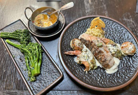 Seafood Trio- Salmon, Crab Cake Stuffed Shrimp And Scallops w/Garlic Butter and Broccolini