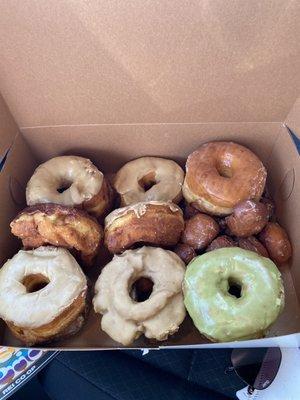 Maple glazed, matcha glazed, maple old fashion, glazed old fashion, donut holes, chocolate glazed