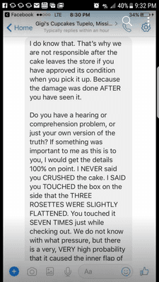 Responce to a customer that paid 90 dollars for a cake and the icing fell off before she made it out the door.