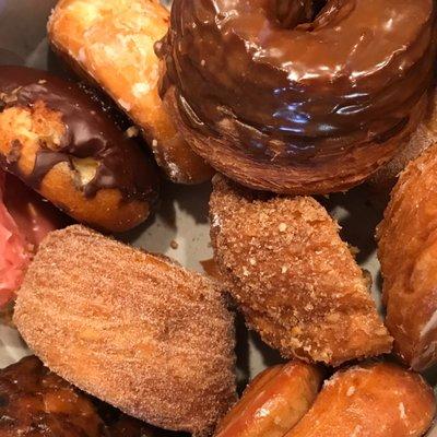 Dozen Filled and Regular Mix Donut (not all pictured): Cinnamon Roll, Doughsant Maple, Doughsant Cinnamon Sugar, Cream Filled