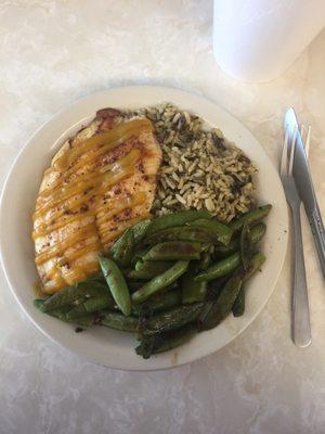 Grilled tilapia, snap peas and rice. Very tasty!