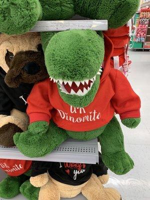 Dumbest valentines gift I have ever seen... a dinosaur with a sweater saying "ur Dinomite" ‍