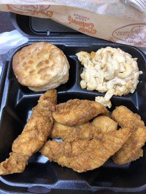 Chicken tenders, Mac n cheese and biscuit.