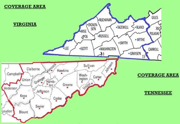 Areas we serve in Tennessee & Virginia