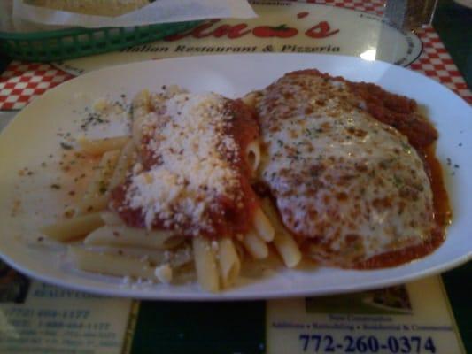 Dinner order of fish parmesan with penne