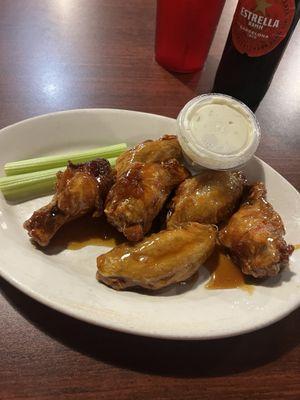 Hot Honey Garlic Traditional Wings with Celery and Bleu Cheese Dressing