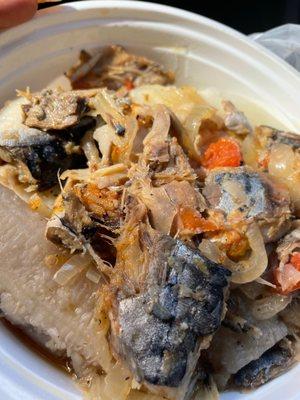 Salt Mackerel with Boiled Banana, Yam and Dumpling