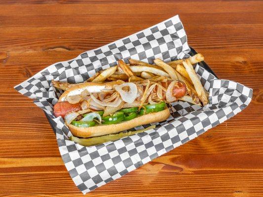 Seattle Dog with 1/4# all beef hot dog with Cream cheese, fresh jalapeno and grilled onion with fresh cut fries