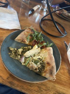 Hot honey pizza and pesto pizza slices