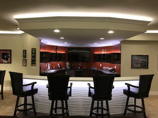 Looking into the bar area that we designed and built in the finished basement/ man cave