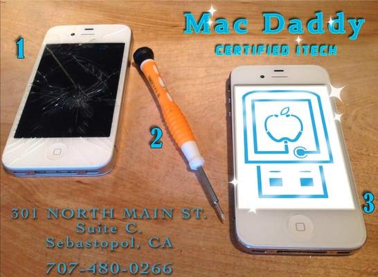 iPhone screen repairs are as easy as 1, 2, 3 when you bring them to the Mac Daddy!