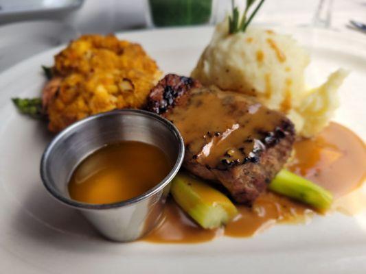 Surf n turf. Beef tenderloin with stuffed shrimp, mashed  potatoes and asparagus