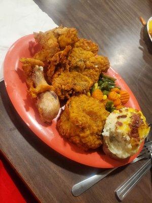 Fried Chicken, twice baked potato and mixed veggies