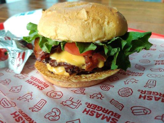 Double Bacon Smash Burger Hot and Fresh.