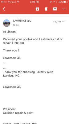 The owner tried to upcharge me 400%, when I was quoted $5,000 at another auto body shop. Do not go here unless you want to be ripped off.