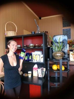 Serving and selling a selection of Hamakua coffees, yep, she grew that one herself, and it's really good, honest!