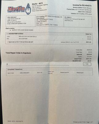 Bill for a new vacuum valve