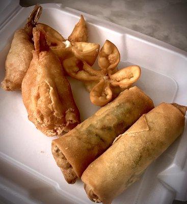 2nd half of Po Po Platter/Appetizer sampler: fried shrimp, crab puffs and egg rolls