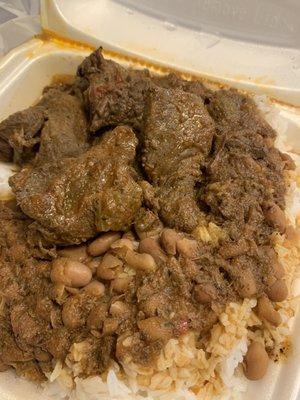 white rice with beans and steak