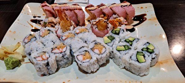 Crunchy Crab and Shrimp Rolls, Avocado and Asparagus roll, and Dynamite Rolls