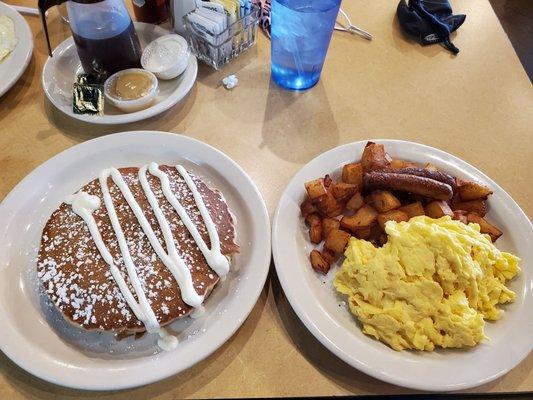 Carrot cake pancakes, cubed potatoes and scrambled eggs