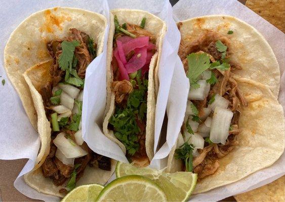 3 taco plate, L to R: barbacoa, carnitas, tinga. Also came with chips and excellent salsa.