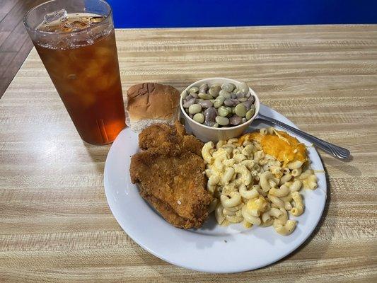 Food! Mac & Cheese, 3 bean mix, fried chicken, and a roll!