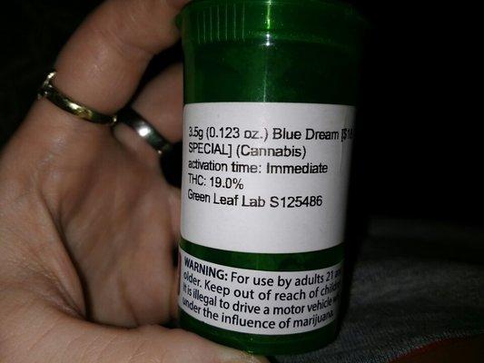 18$ Blue Dream, yet it's 19.0% 0% CBD. Should be 23.43%THC .04%CBD. I have epilepsy, this is my medicine.