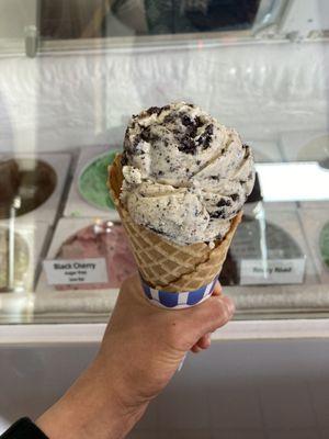 Cookies and cream ice cream in waffle cone