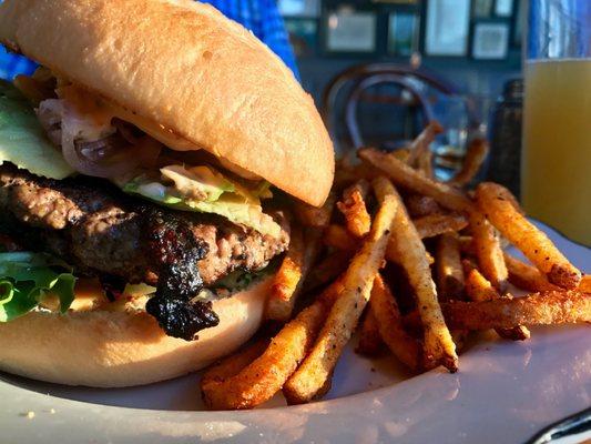 Burger, gf bun, and fries