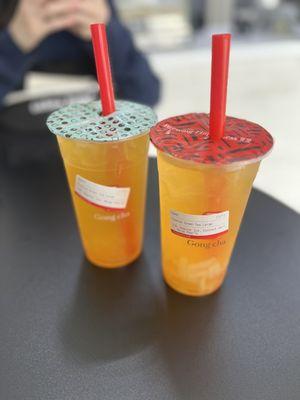 Passionfruit Tea with mango popping pearls & Passionfruit Tea with mango popping pearls AND coconut jelly