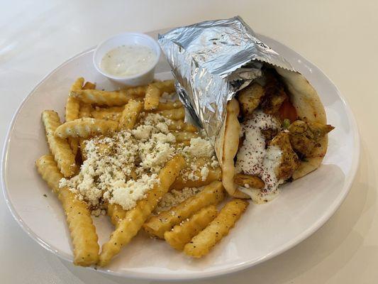 Chicken Shawarma Sandwich and Greek fries