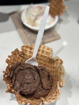 Waffle bowl with darkest chocolate + Texas sheet cake