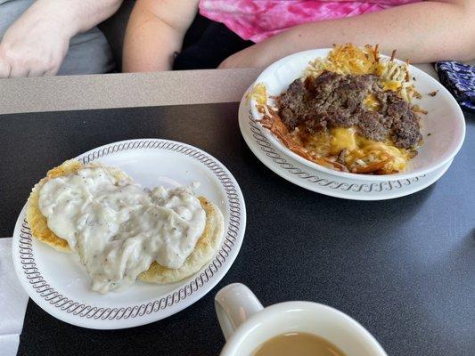 Hamburger has brown bowl and biscuits and gravy.