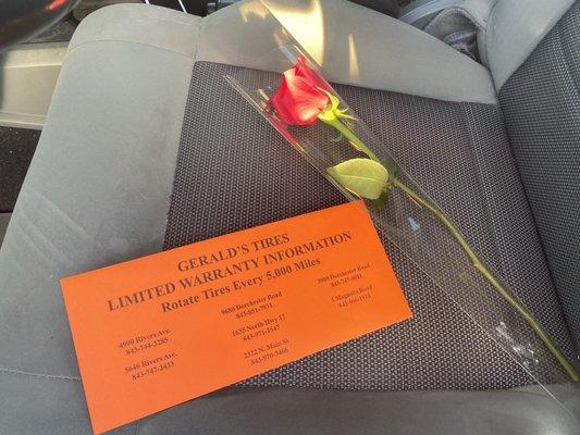 Someone left me a rose on my seat today after my car service. Thank you!