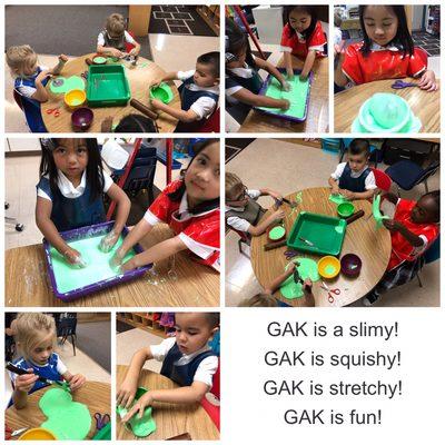 Full day PreK experience made homemade Gak. Making it is a procedure that involves following directions.