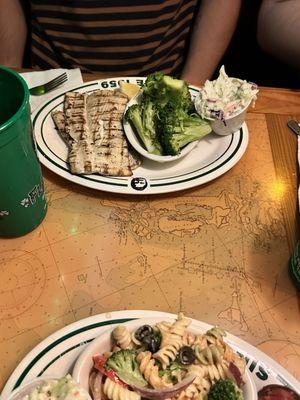 12 oz Grilled Dolphin with broccoli and coleslaw.